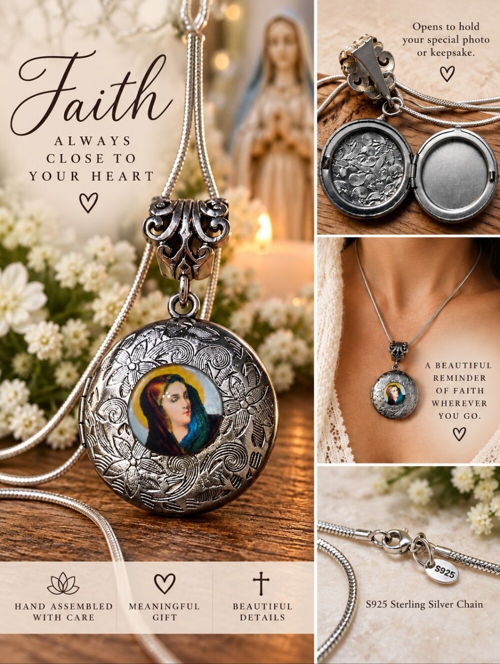 Hand Crafted Silver Floral Locket Necklace with Blue and Green Icon
